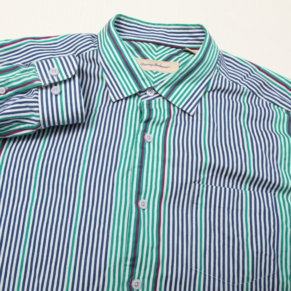 Tommy Bahama Button Down Shirt Mens XL Teal Blue Green Striped Cotton Silk Blend
